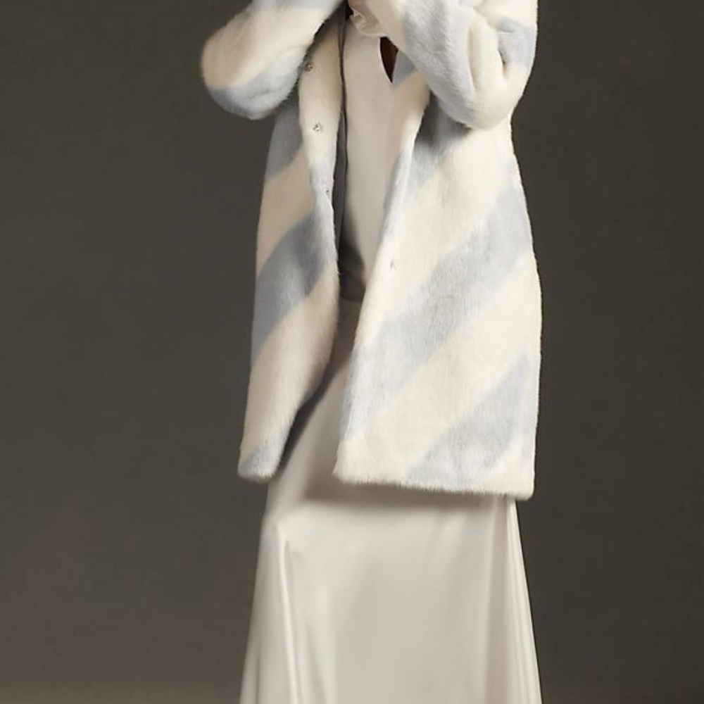 Mauve Anthropologie Powder Blue Ivory Faux Fur Long Coat | XL - Picture 12 of 12